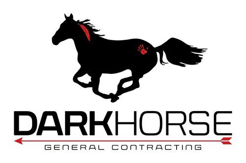 Logo for Darkhorse General Contracting featuring a black horse silhouette, a red handprint, and a red arrow underline.