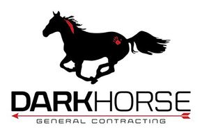 Logo for Darkhorse General Contracting featuring a black horse silhouette, a red handprint, and a red arrow underline.