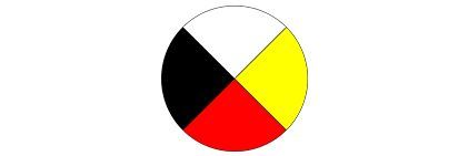 A circle divided into four equal quadrants colored white, yellow, red, and black. Medicine Wheel logo.