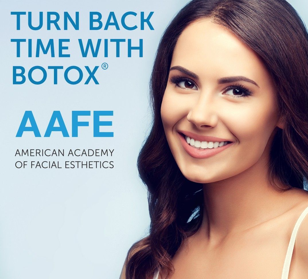 AAFE Botox ad with smiling woman on blue background.