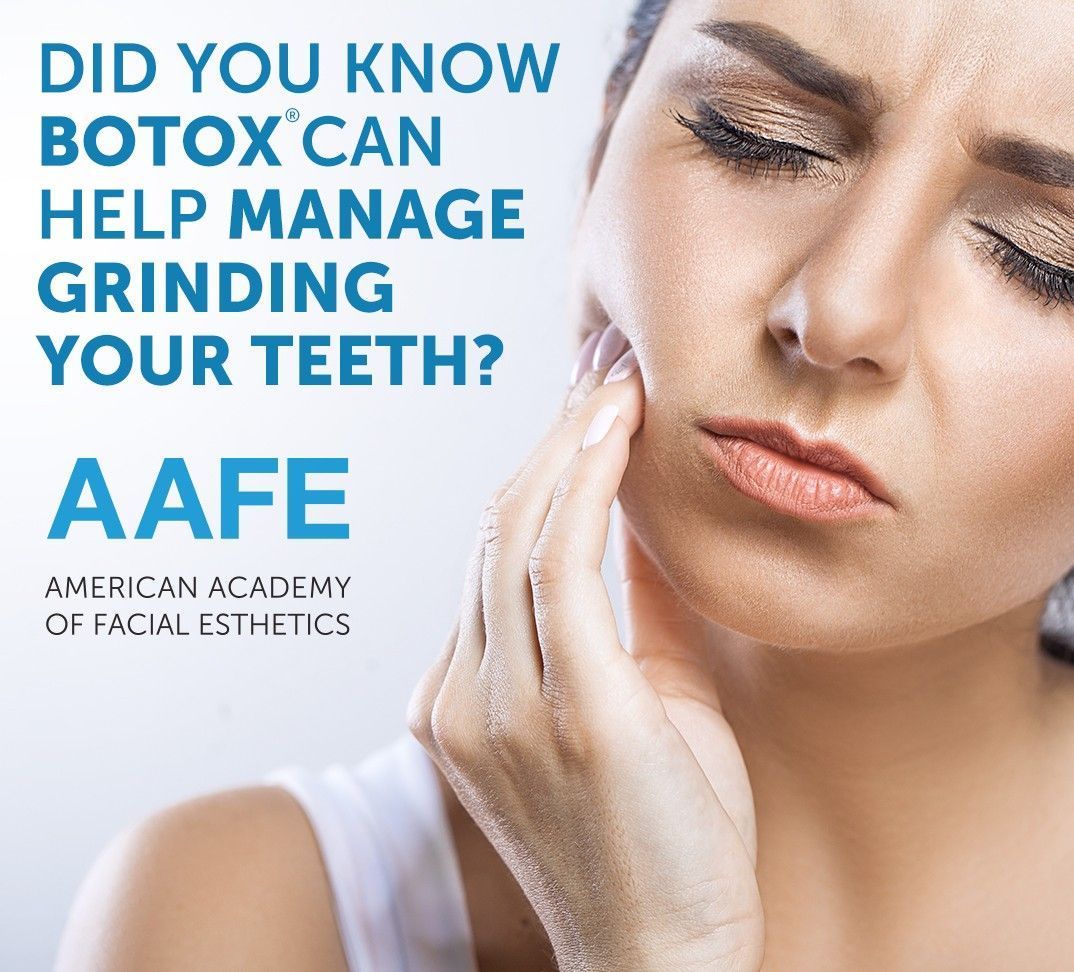 AAFE Botox ad with a woman touching her jaw.