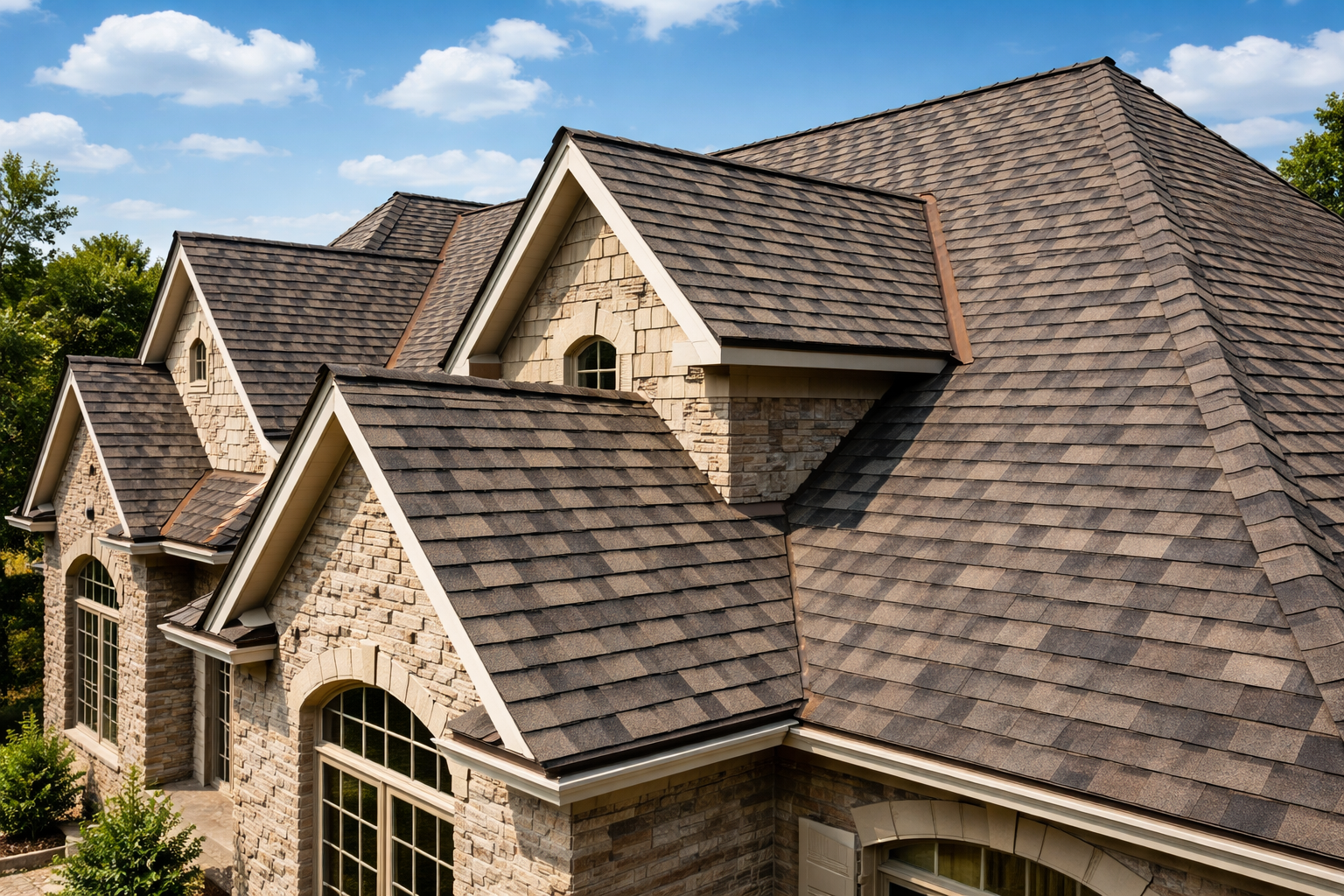 Two roofers in work clothes and helmets install slate tiles on a steep, sunlit residential roof.