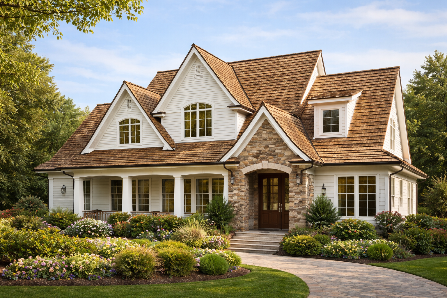 A construction worker in a yellow shirt uses a nail gun to install plywood sheathing on a sunny house roof.