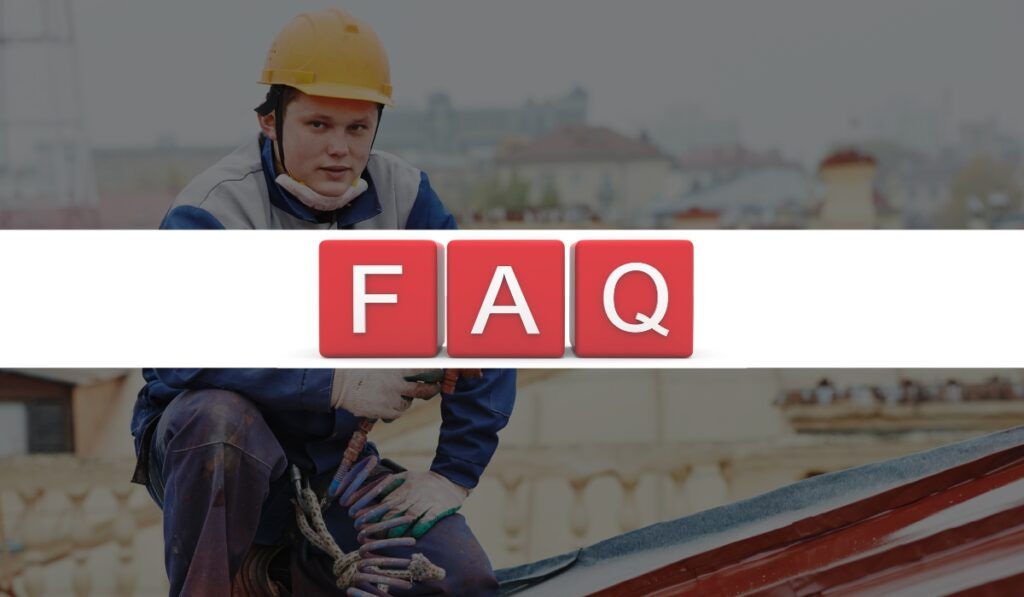 A roofer in a yellow hard hat crouches on a rooftop behind a red block banner that reads 