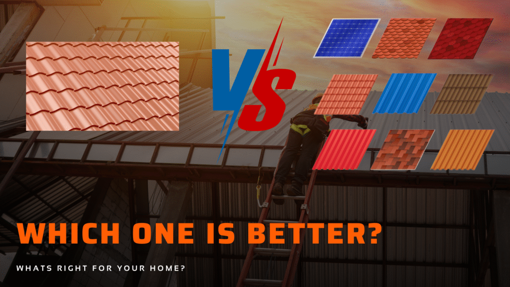 A worker on a ladder compares traditional clay roofing tiles with various modern metal roof designs.