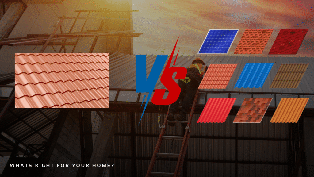 A comparison between a traditional tiled roof and various modern roofing materials, with a worker on a ladder.