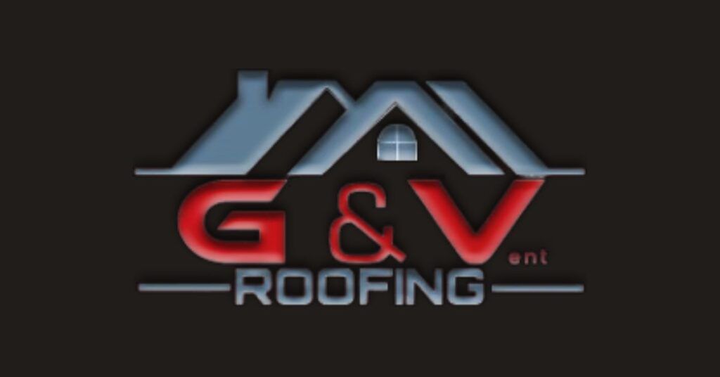 Logo for G&V Roofing featuring red text with a stylized blue roof illustration above it on a black background.