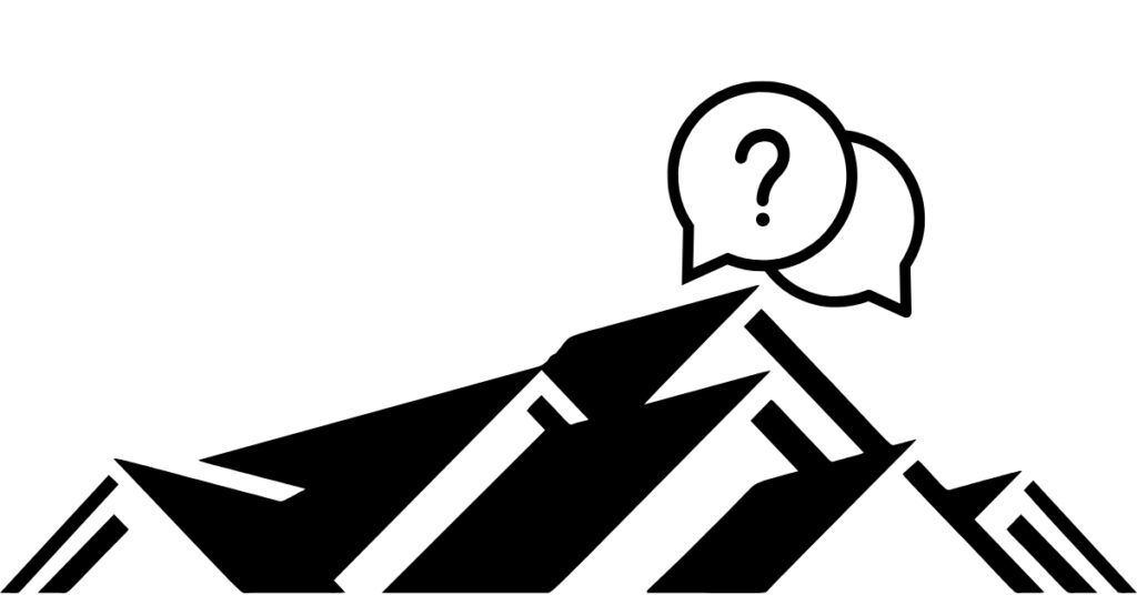 A stylized black mountain silhouette featuring a speech bubble with a question mark at the peak.