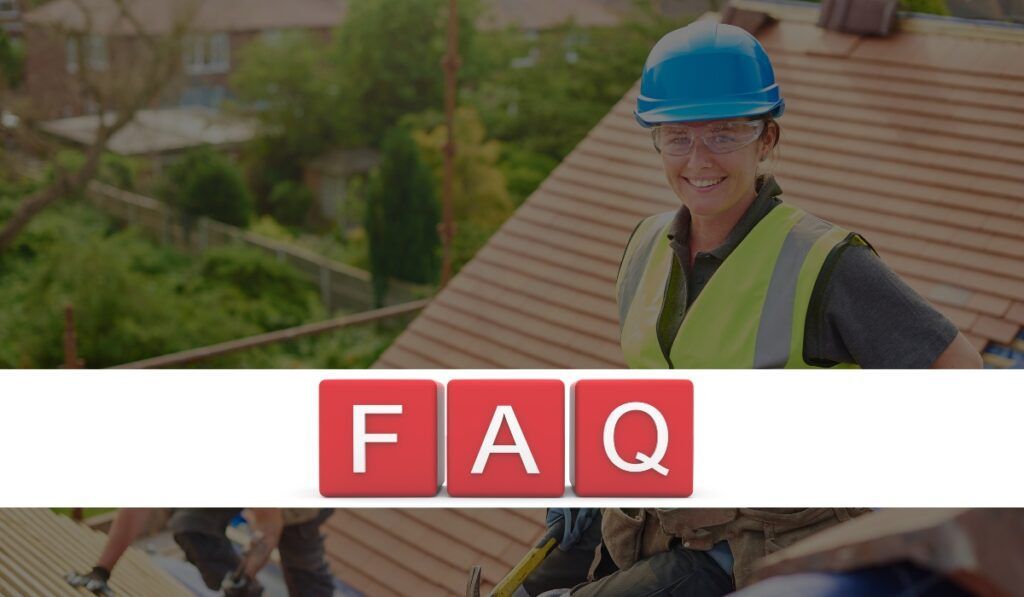 A worker wearing a blue hard hat and high-visibility vest on a roof, above a red 