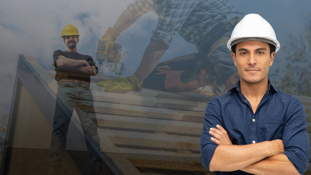 A person in a white hard hat and blue shirt stands with arms crossed, superimposed over a worker on a roof.