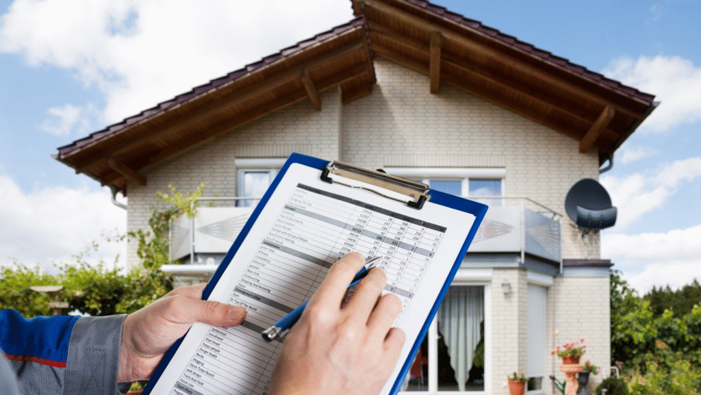 Close-up of a person filling out a checklist on a clipboard with a residential house in the background.