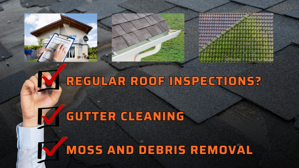 A checklist shows roof maintenance services: regular inspections, gutter cleaning, and moss/debris removal.