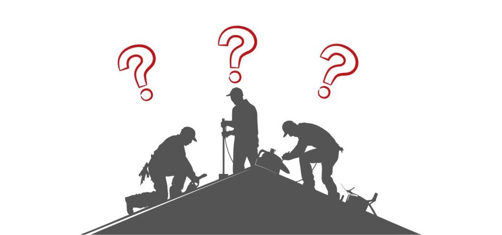 Three silhouettes of workers on a pitched roof, each with a red question mark floating above their head.