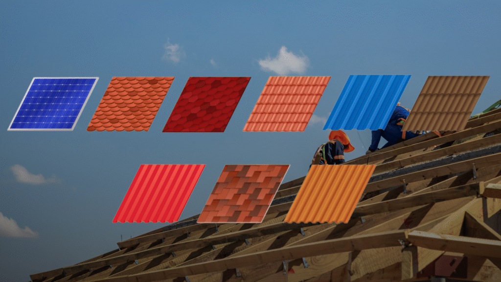 A construction worker roof-framing with a menu of various roofing material samples displayed in the sky above.