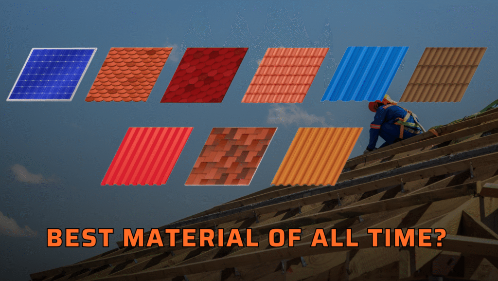 A montage of various textured building materials arranged above a person working on a roof, with the text 