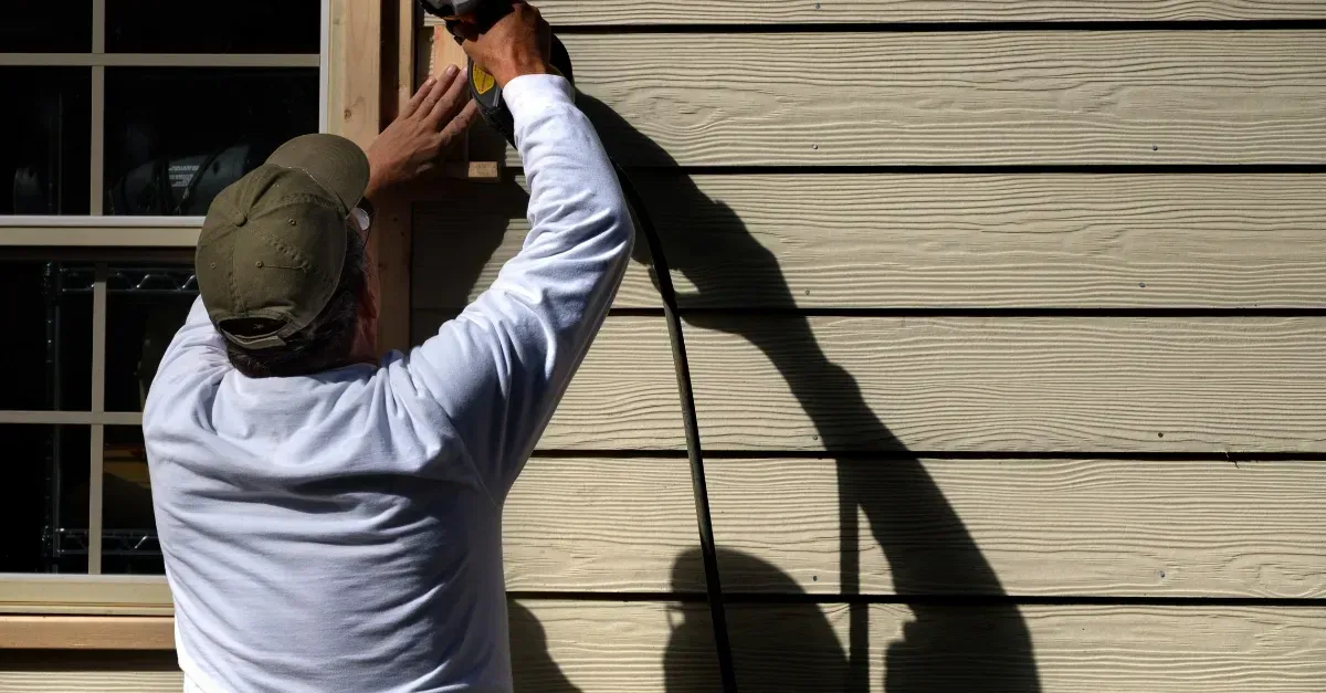 A person in a long-sleeved white shirt and cap uses a nail gun to install trim around a window on a light wood-paneled wall.