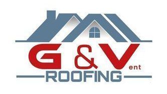 Logo for G&V Roofing featuring a blue roof illustration above red text reading G&V vent and blue text reading ROOFING.