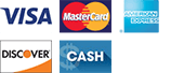 Visa, MasterCard, American Express, Discover, Cash