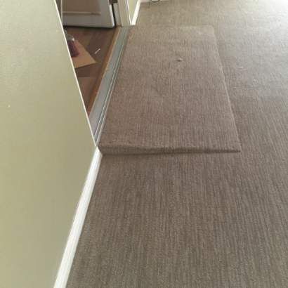 A tan carpeted ramp bridges the threshold between a doorway and the adjacent room floor.