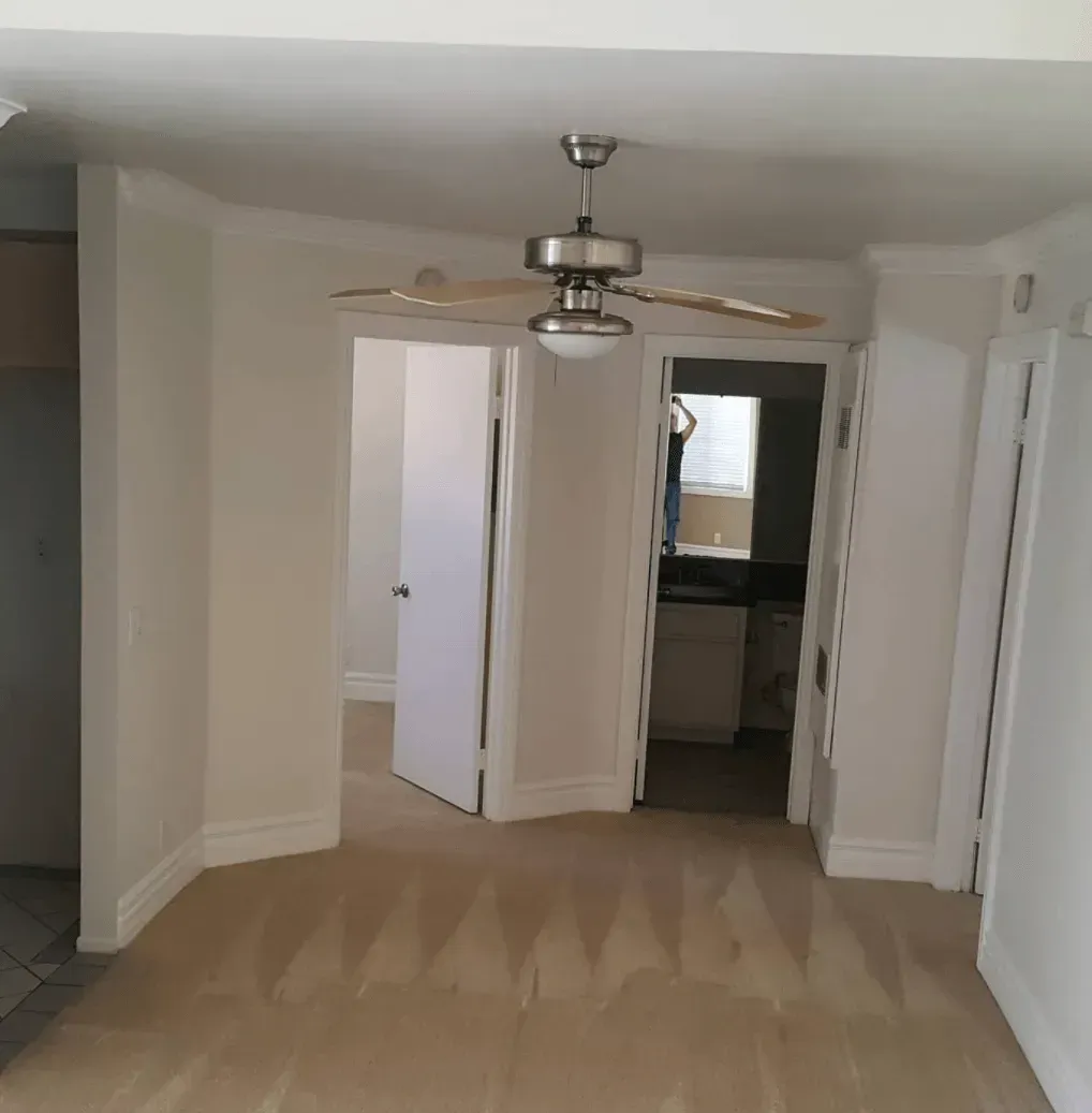 A room with neutral carpet, white walls, a ceiling fan, and two open doorways leading to adjacent rooms.