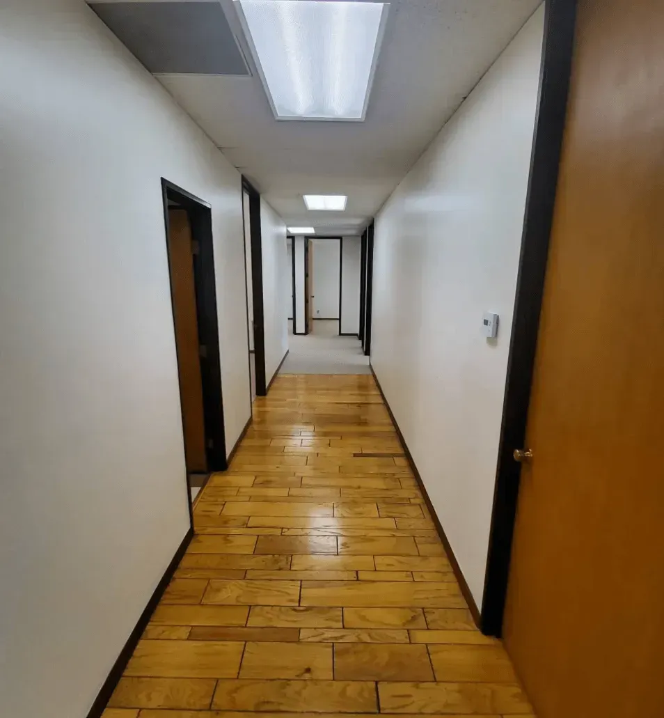 A long hallway with wood-look flooring, white walls, dark door frames, and multiple ceiling lights.