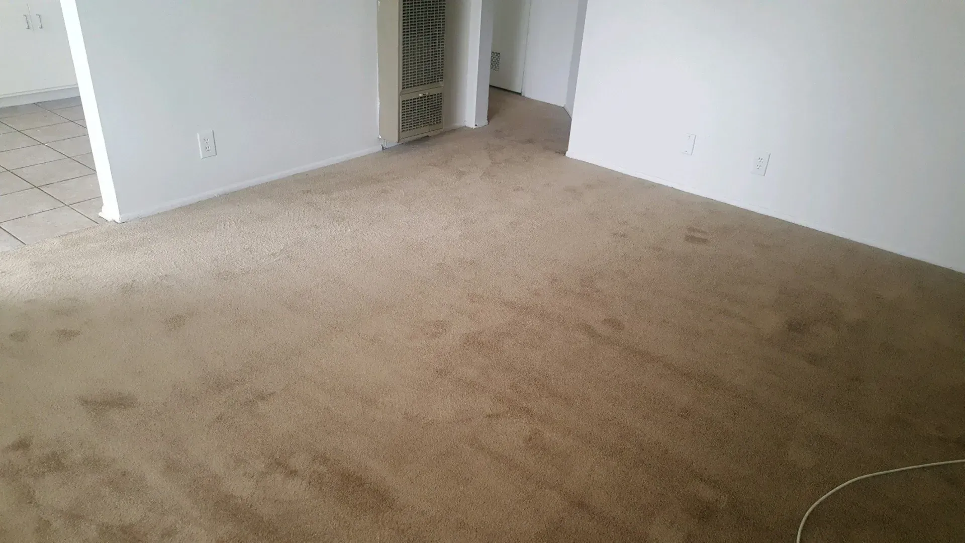 An empty room with tan carpeting and plain white walls, featuring a wall heater unit near the corner.