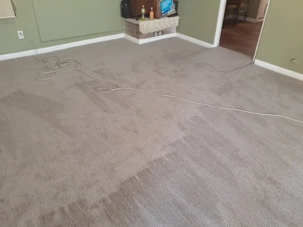 A light-colored carpeted room with a long white power strip cord stretched across the floor.