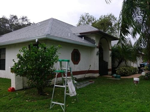 Single-story white house with gray roof, green lawn, palm tree, and a ladder in front.