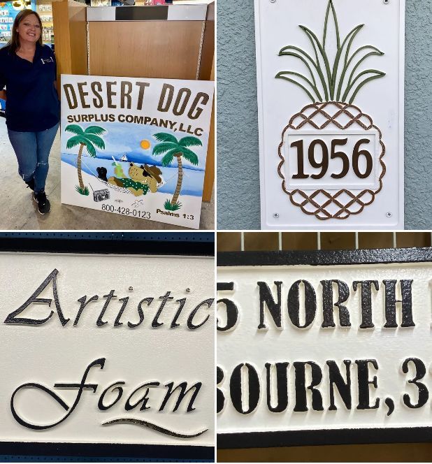 Collage of business signs: Desert Dog Supply Co. banner, pineapple