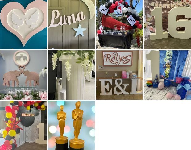 Collage of silver, gold, and floral event decor featuring “Puna,” “16,” and “E&L” party displays