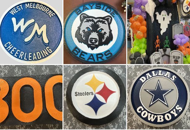 Collage of circular sports team logos and themed buttons, including West Melbourne Cheerleading, Bears, Steelers, and Cowboys