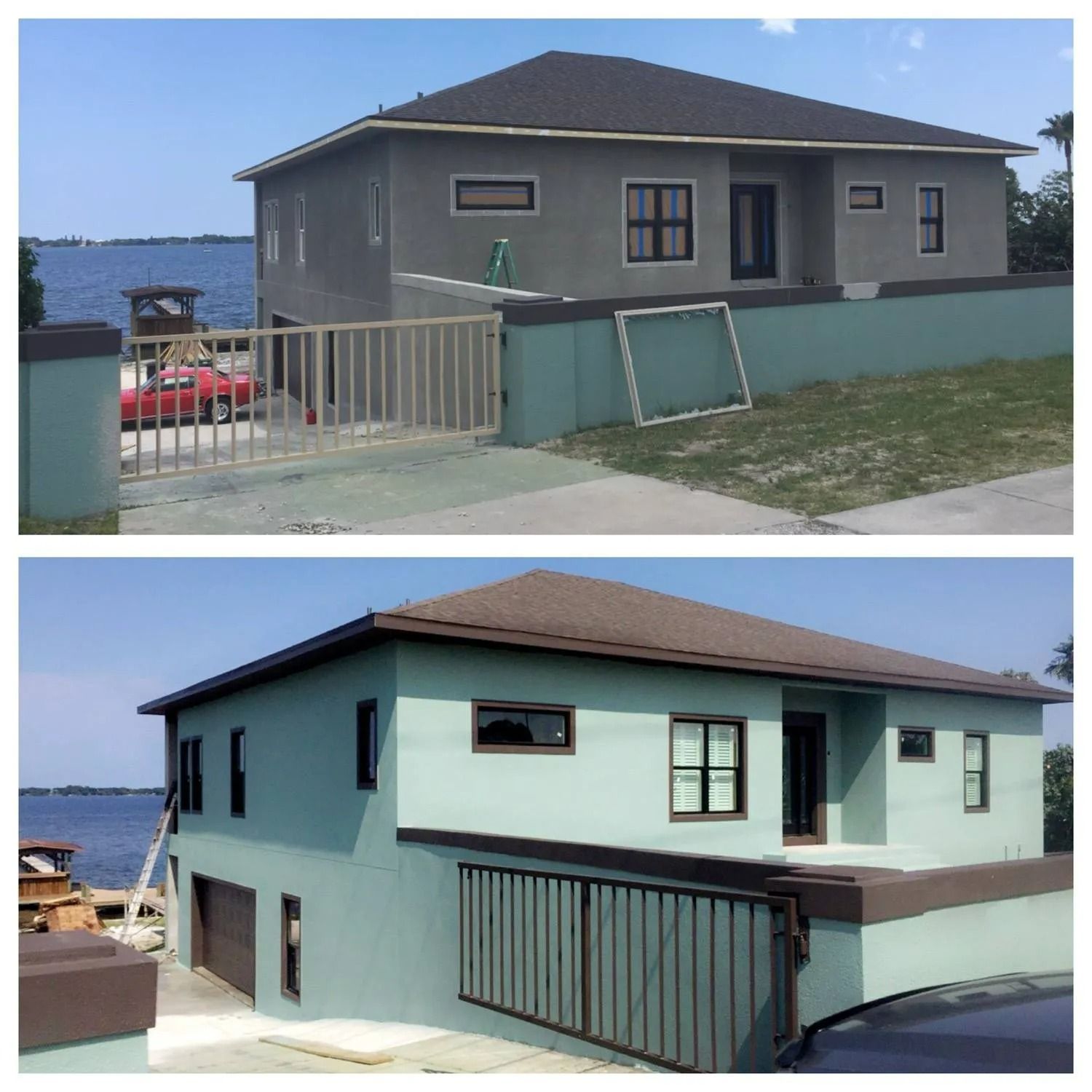 House by the water, shown in two views: gray exterior above and light blue exterior below.