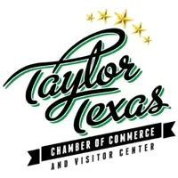 Taylor, Texas Chamber of Commerce and Visitor Center logo with black script and gold stars