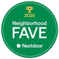 Green circular Nextdoor “Neighborhood FAVE” badge with trophy icon and 2025 text