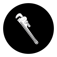 White pipe wrench icon on a black circle background
