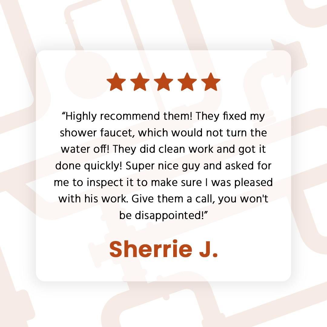 Customer testimonial card with five orange stars and text praising faucet repair by Sherrie J.