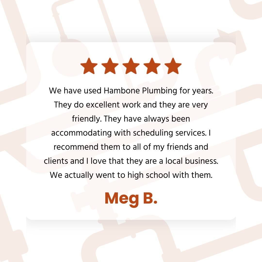 White testimonial card with orange stars praising Hambone Plumbing; signed 