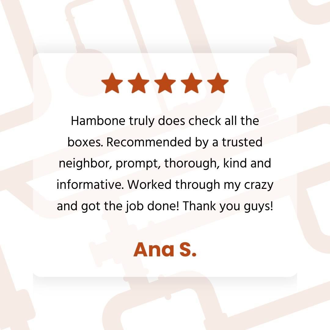 Five-star testimonial card with brown text praising Hampton and signed “Ana S.”