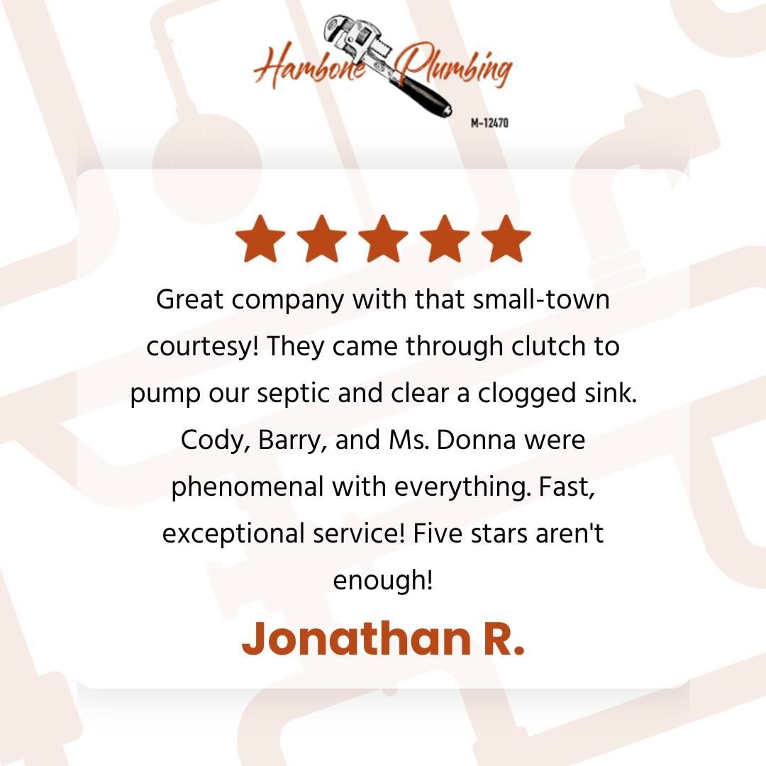 Five-star customer review for Harbison Plumbing with orange text and a testimonial by Jonathan R.