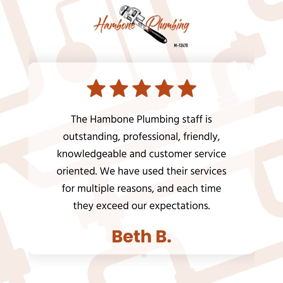 5-star Hambone Plumbing customer review praising outstanding, professional, friendly service by Beth B.