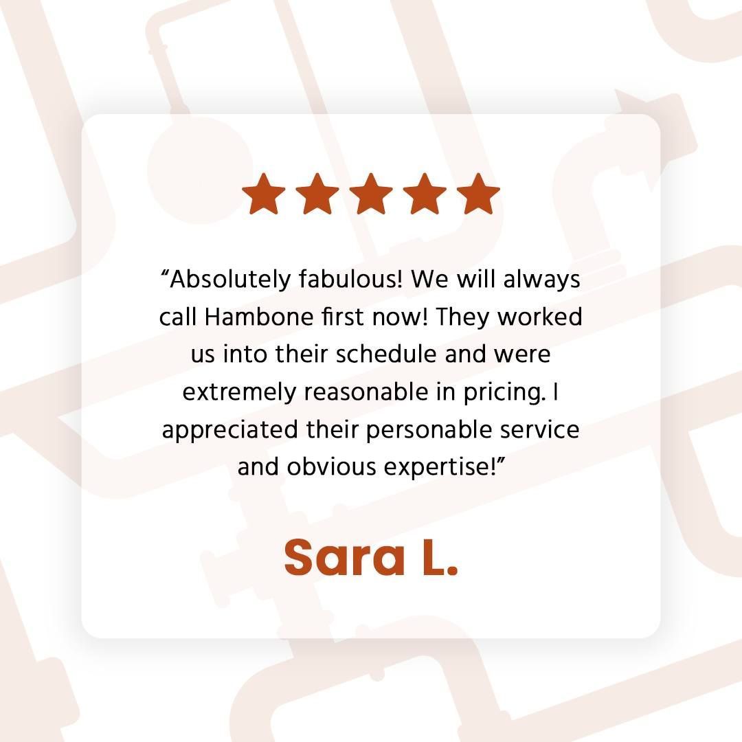 Customer testimonial card with five gold stars and quote praising Hamblen, signed “Sara L.”