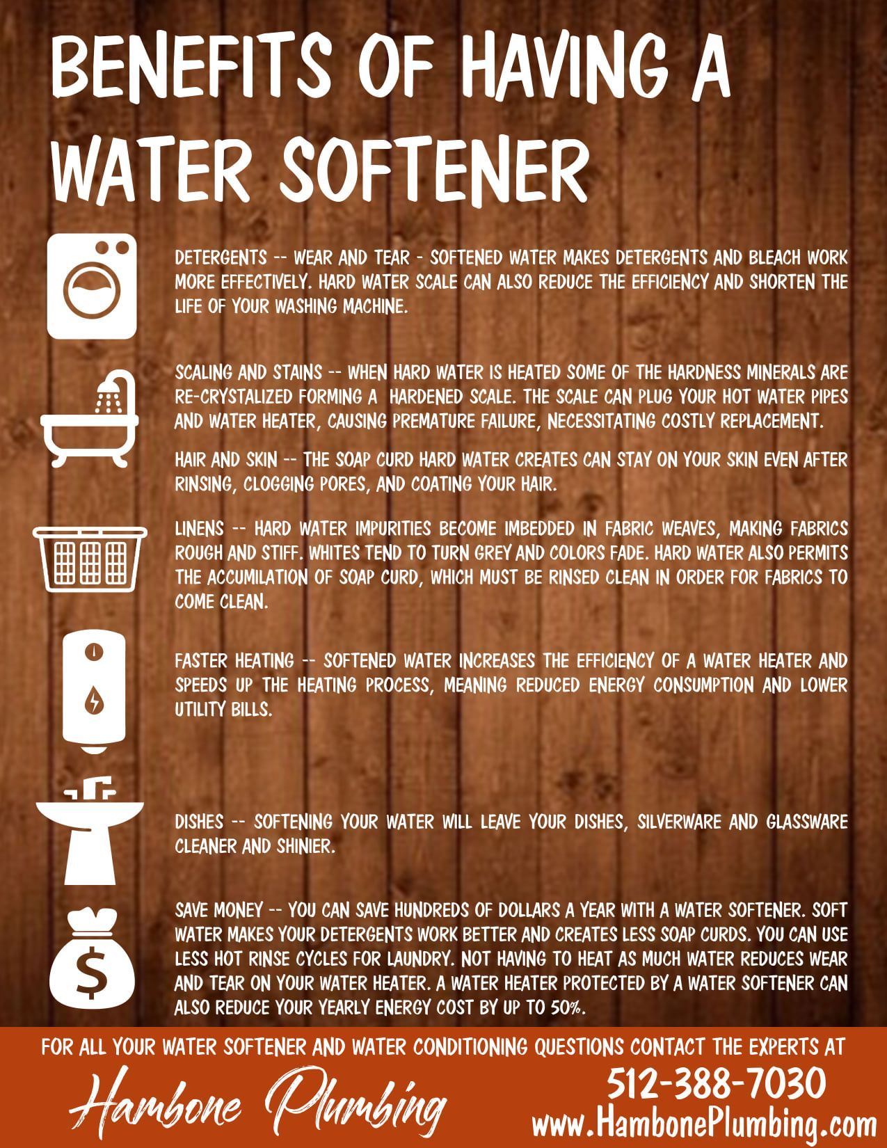 Brown infographic poster titled “Benefits of Having a Water Softener” with white icons and text.