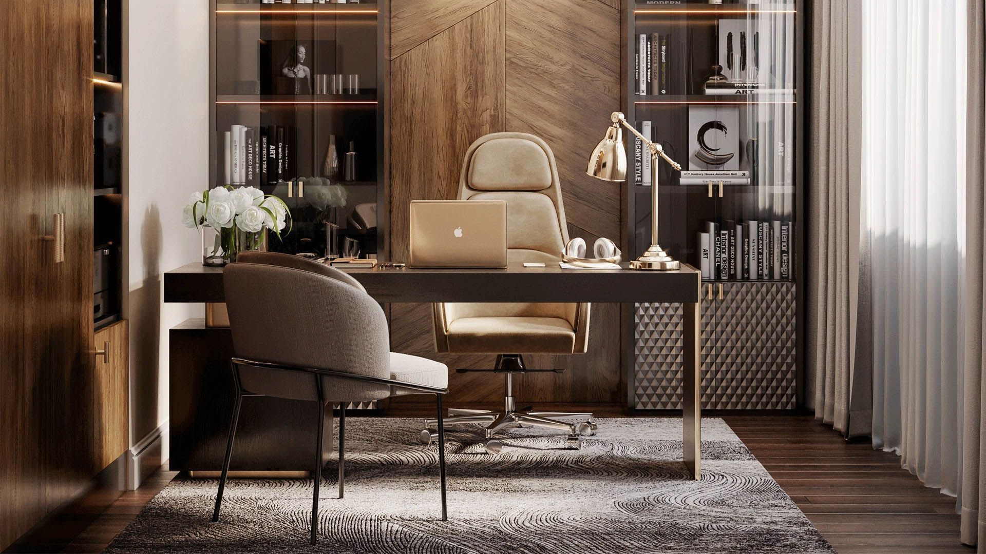 Luxurious home office with wooden furniture, desk, and two chairs. Laptop, books, and flowers present.