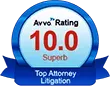 A blue badge that says avvo rating 10.0 superb top attorney litigation.
