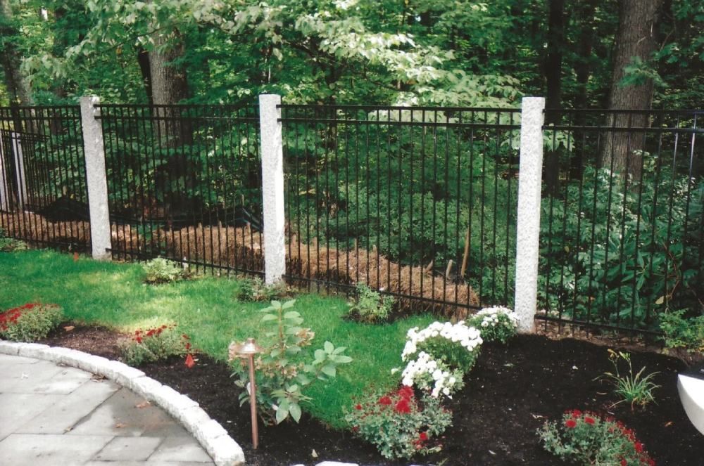 A black fence surrounds a lush green yard