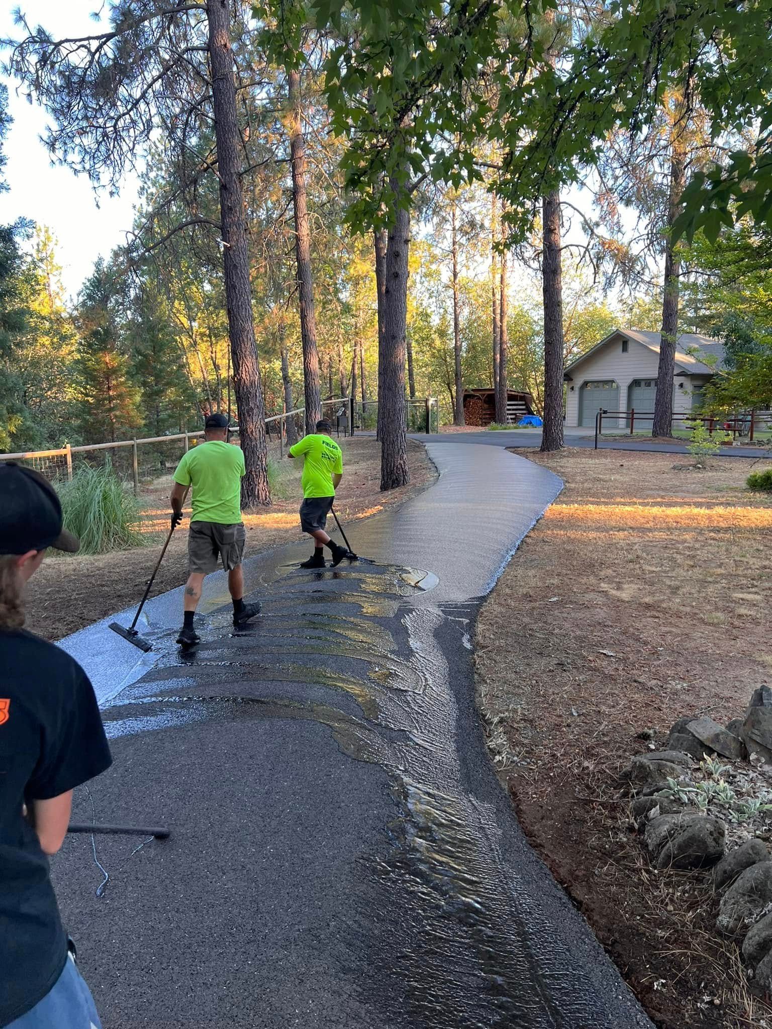 A couple of people are walking down a path in the woods.