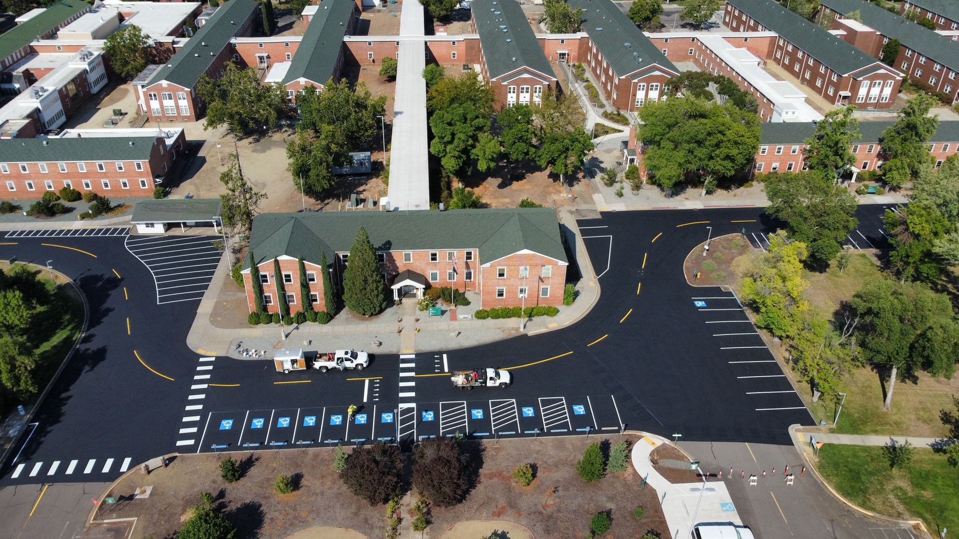 An aerial view of a residential area with lots of buildings.