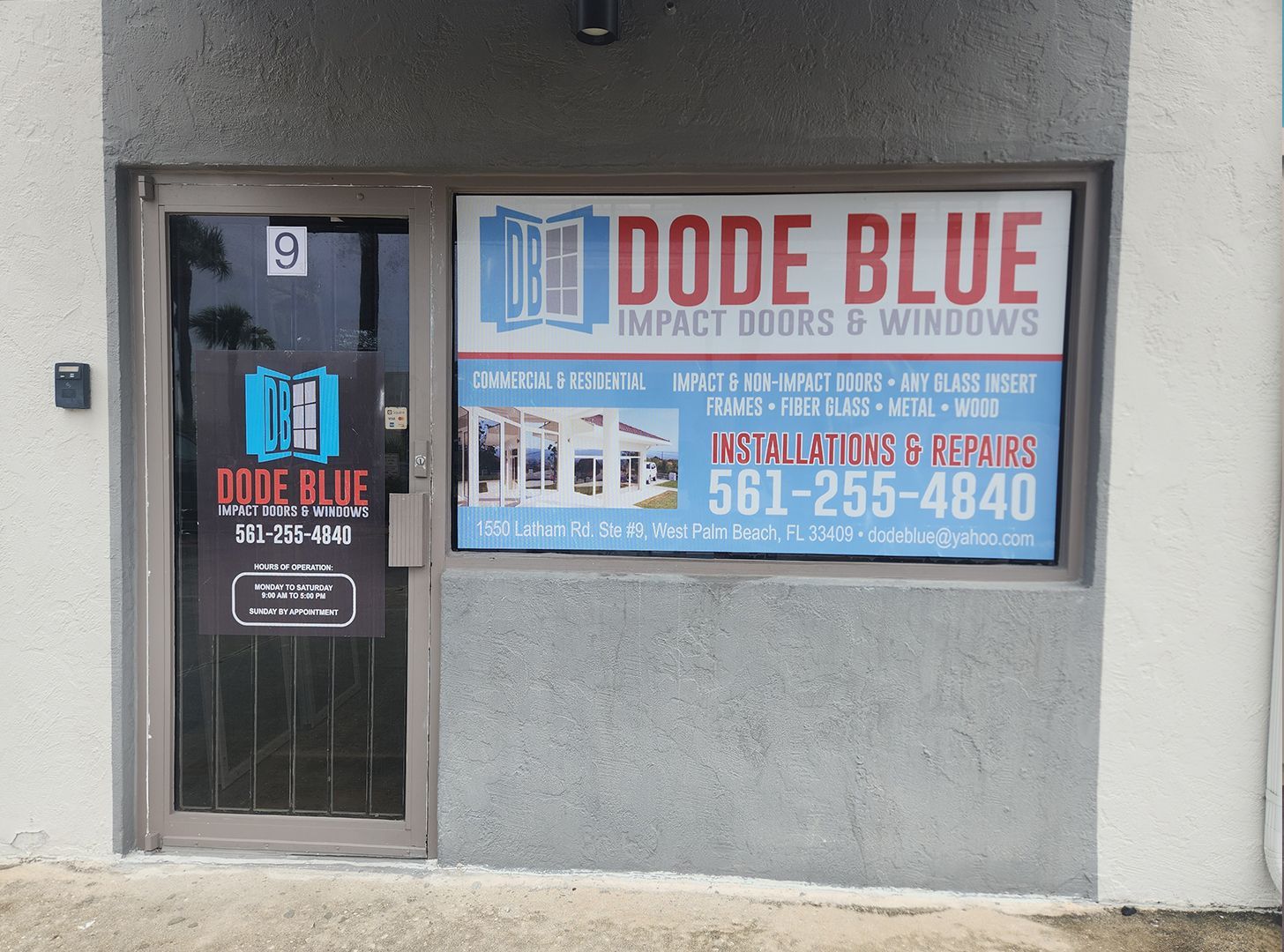 A store front for Dode Blue Impact Doors and Windows