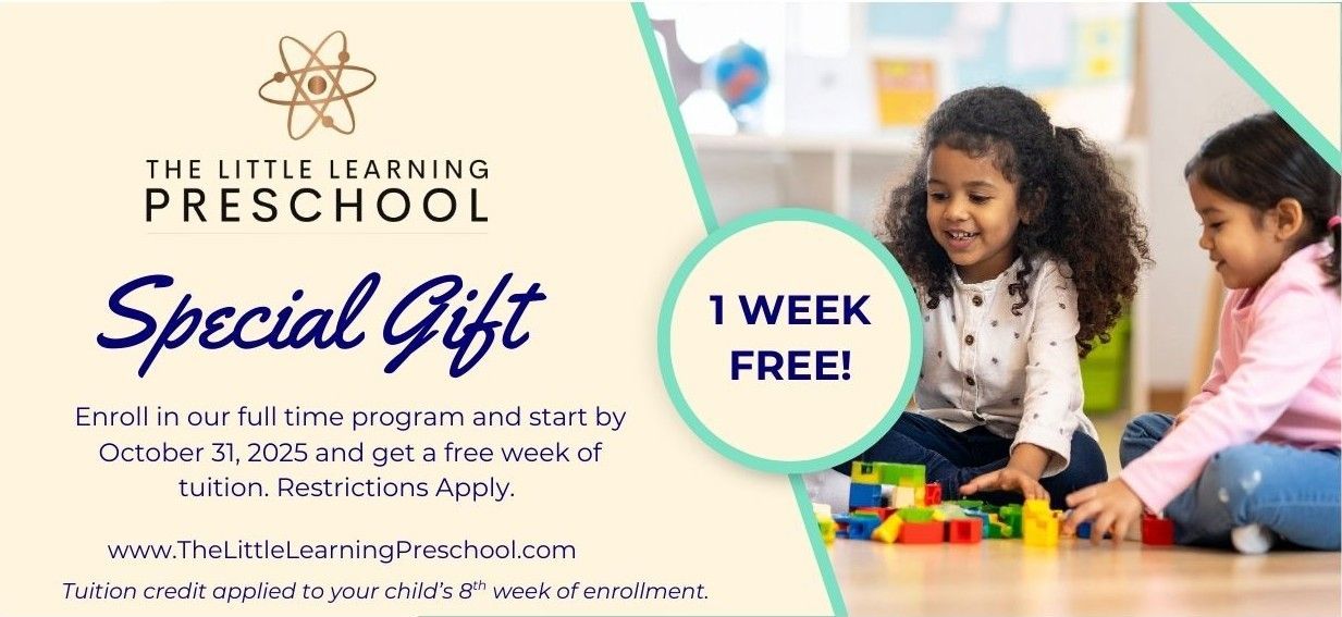 Ad for The Little Learning Preschool offering a free week. Two young girls play with blocks.