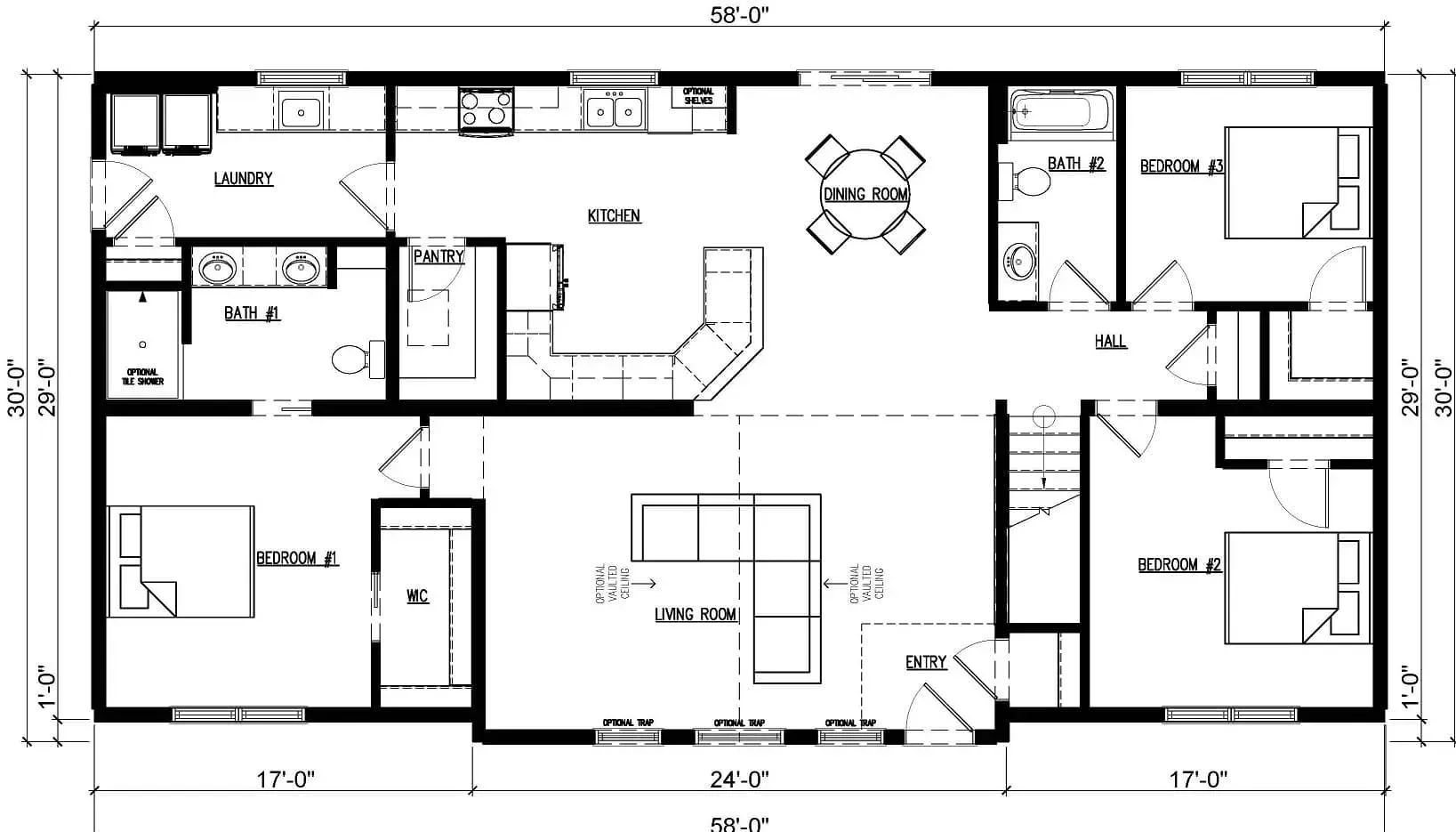 Floor plan of a single-story house with multiple rooms and dimensions labeled.